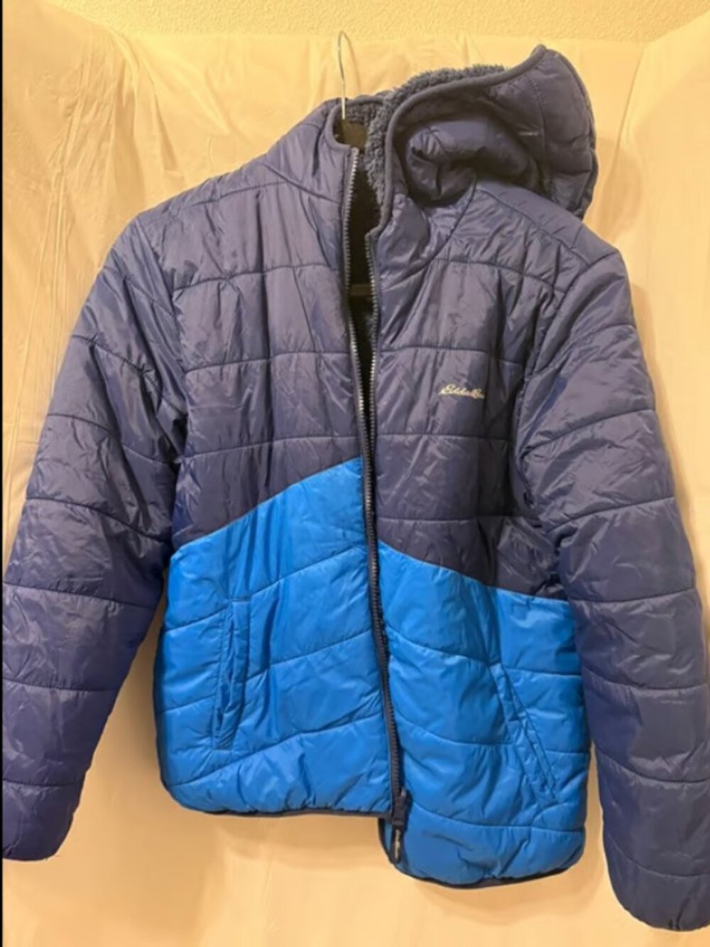 Eddie Bauer Kids Hooded Puffer Jacket Blue Fleece Lined coat 14-16